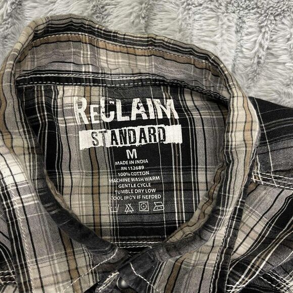 Reclaim Shirt Mens Medium Black Gray Plaid Western Pearl Snap Long Sleeve Cotton - Picture 3 of 8